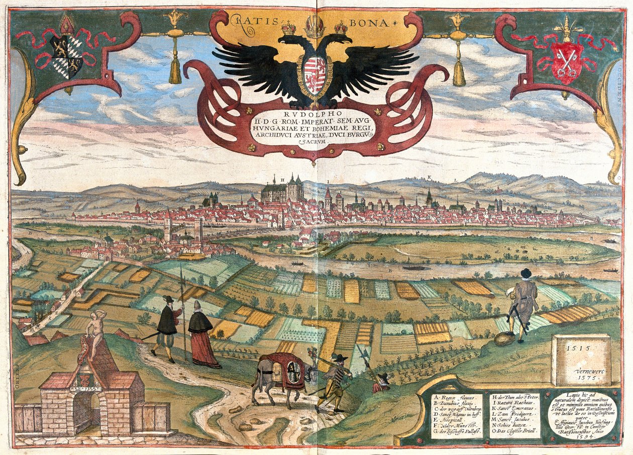 Regensburg (Imperador Rudolph II), Alemanha - em "Civitates Orbis Terrarum" de Georg Braun, Colónia 1617 de Georg Braun