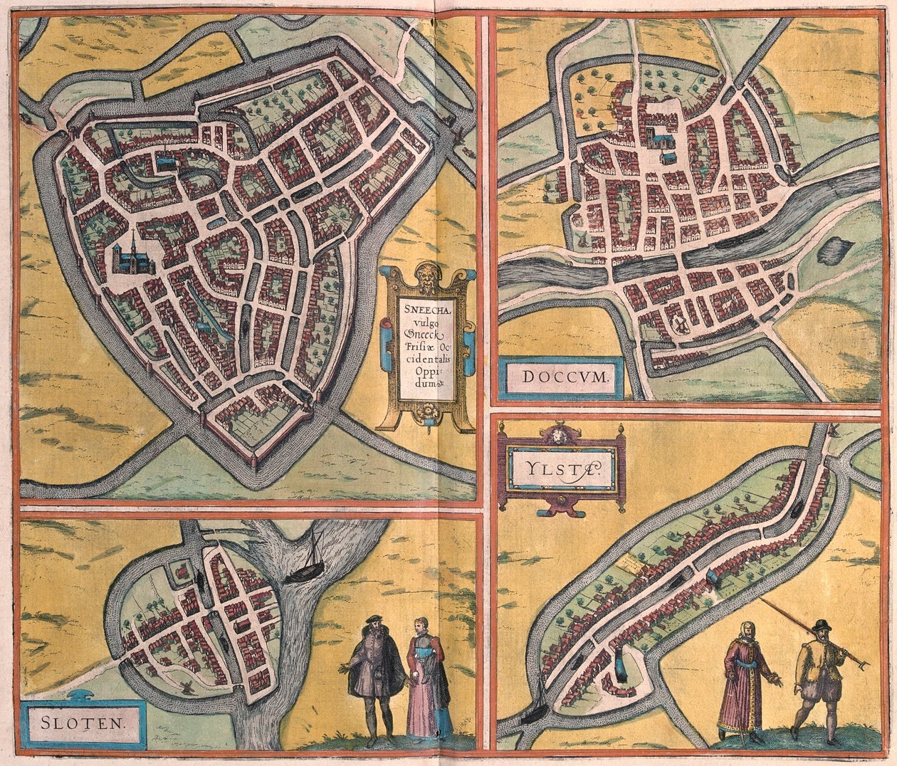 Sneek, Doccum, Sloten, Ijlst, Países Baixos - em "Civitates Orbis Terrarum" de Georg Braun, Colónia 1617 de Georg Braun
