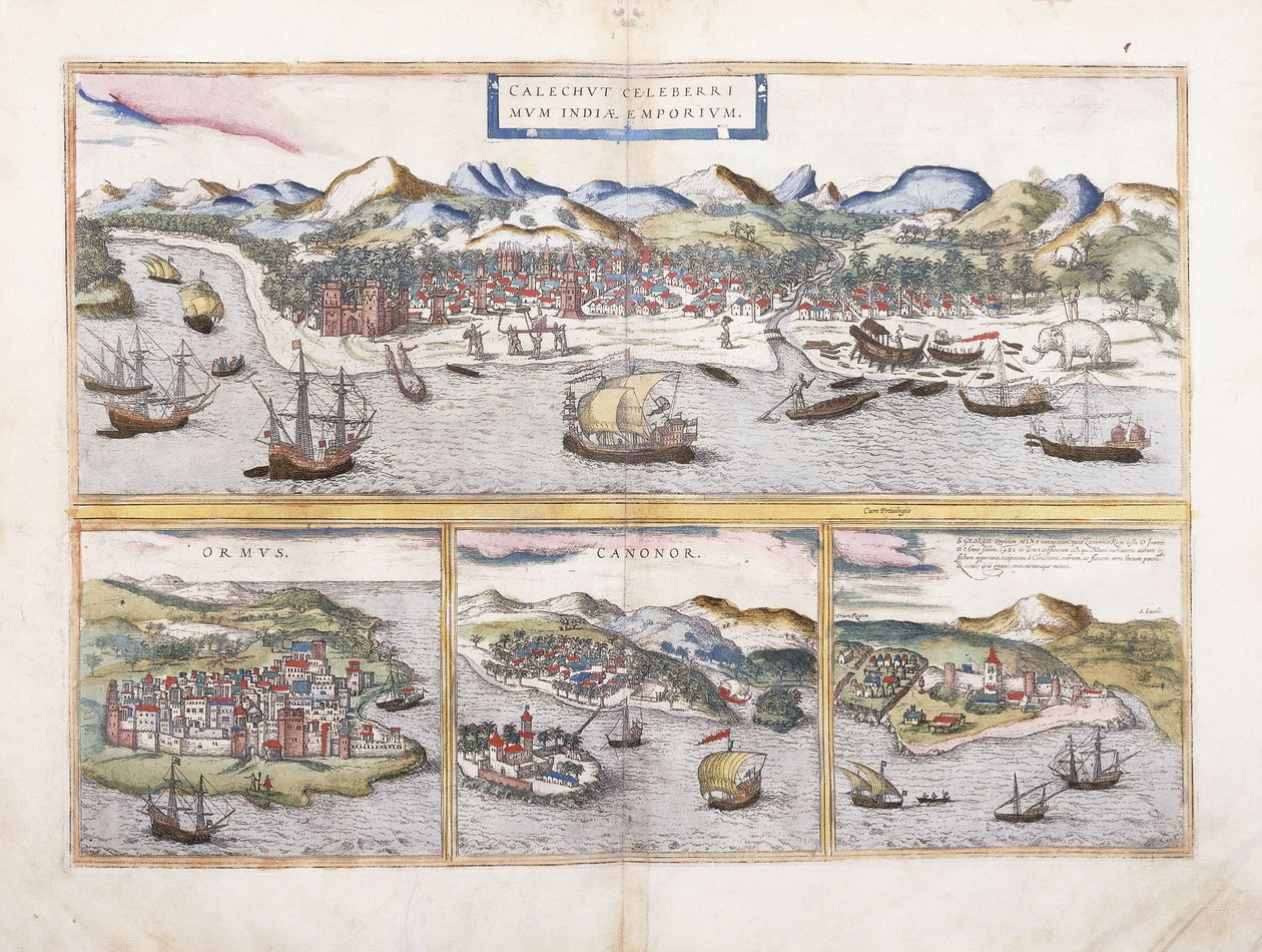 Vista de Calcutá, Índia, e abaixo de vistas menores de Ormuz na entrada do Golfo Pérsico, Canonor na Índia e a fortaleza portuguesa de El Mina na África Ocidental, 1572 de Georg Braun