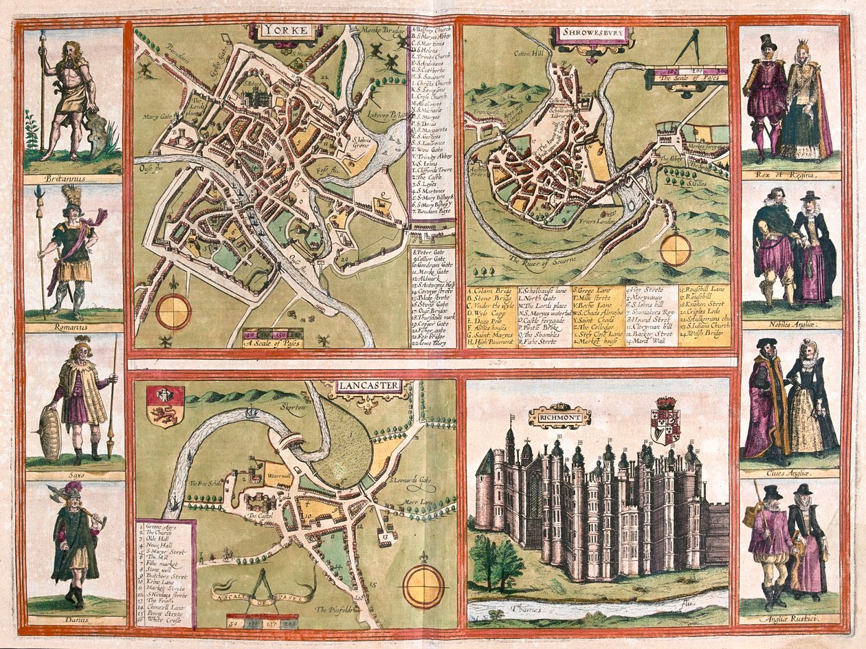 York, Shrewsbury, Lancaster e Richmond, Inglaterra - em "Civitates Orbis Terrarum" de Georg Braun, Colónia 1617 de Georg Braun