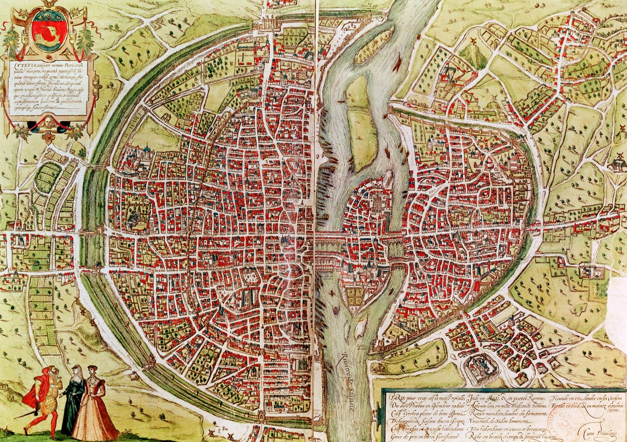 Mapa de Paris de &39;Civitates orbis terrarrum&39; por Georg Braun (1541-1622) e Franz Hogenbergh (1540-92), francês, 1572-1617 de Georg Braun und Franz Hogenberg