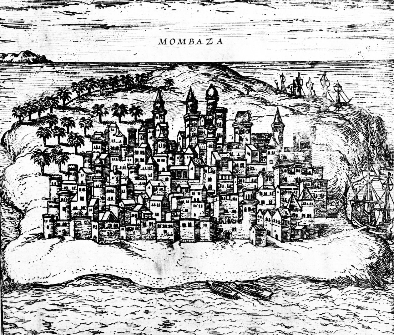Vista de Mombaza, de Georg Brauns Civitates orbis terrarum, publicado em 1572 detalhe da gravura de 483404 de Georg Braun und Franz Hogenberg