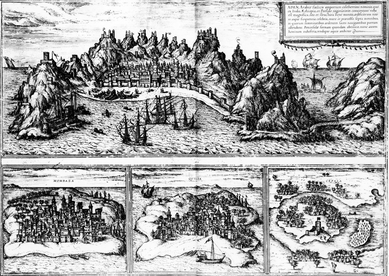 Vistas de Aden, Mombaza, Quiloa e Cefala, do "Civitates orbis terrarum" de Georg Braun, publicado em 1572 de Georg Braun und Franz Hogenberg