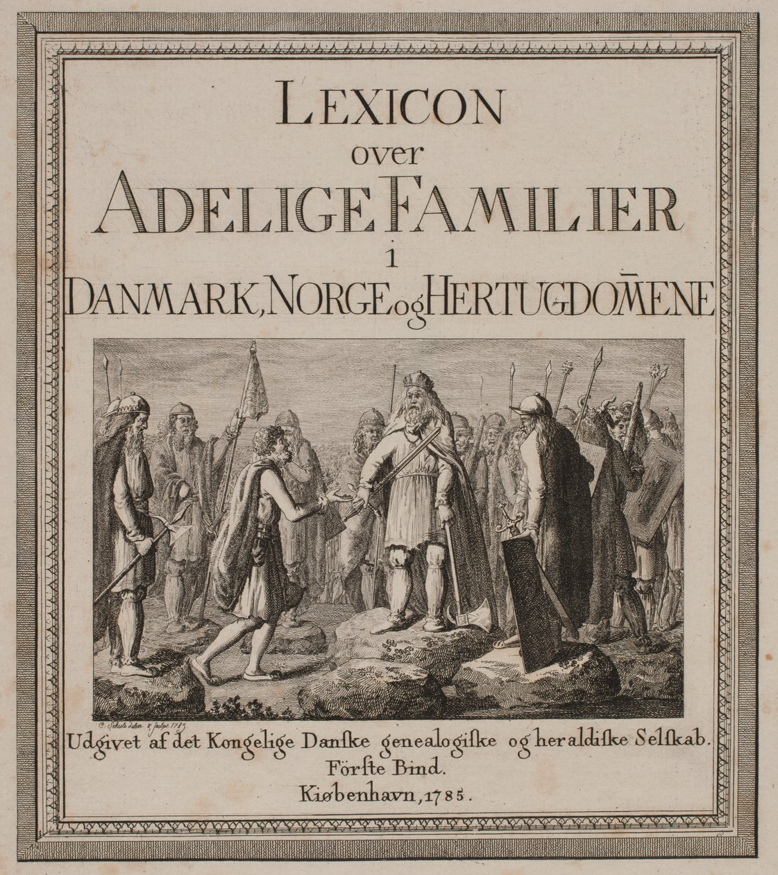 Página de título para "Léxico de Famílias Nobres na Dinamarca, Noruega e os Ducados" de Georg Christian Schule