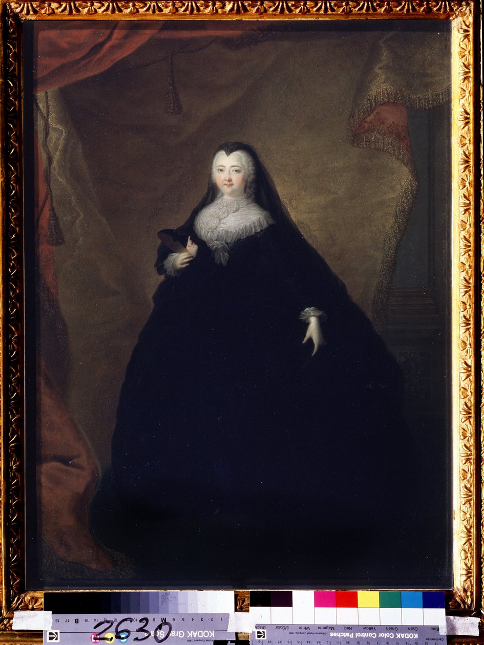 ""Retrato de Elisabeth Petrovna (1709-1762) Imperatriz da Rússia sob o nome de Elisabeth I, filha de Pedro, o Grande"" Ela está disfarçada, segura uma máscara na mão. Pintura de Georg-Christoph (Georg Christoph) Grooth (1716-1749) 1748 Estado Tretyakov G de Georg Christoph Grooth
