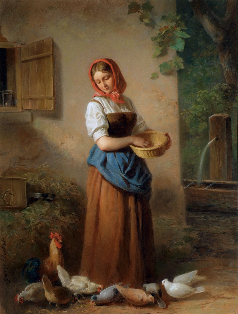 Uma menina alimentando galinhas e pombos de Georg Decker