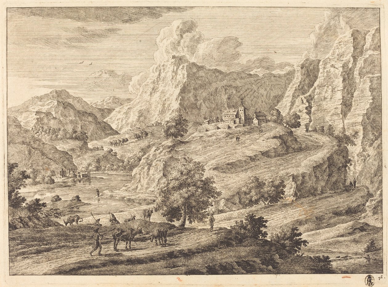 Paisagem montanhosa com figuras e um mosteiro de Georg Eisenmann