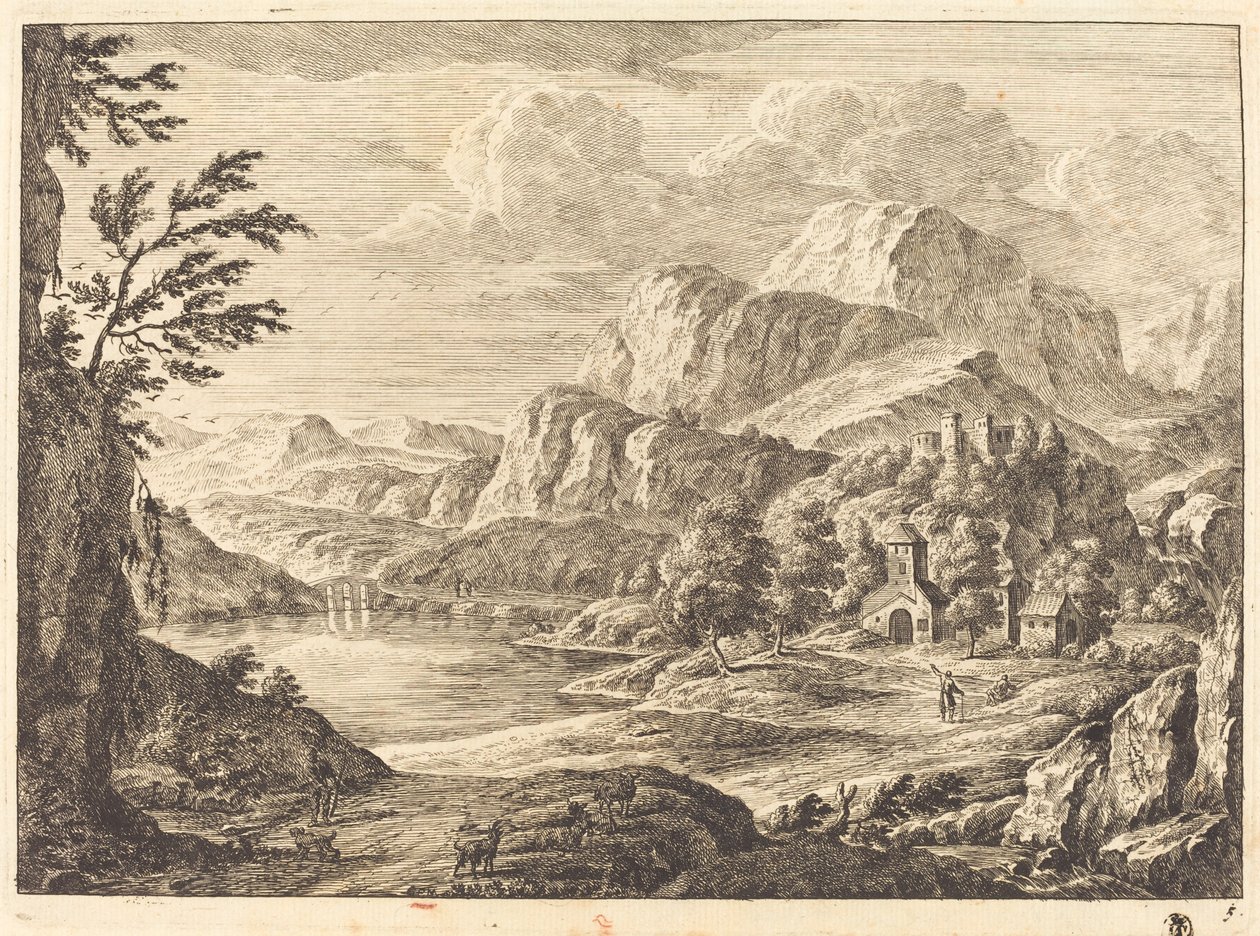 Paisagem montanhosa com um castelo em ruínas e uma ponte em arco à distância de Georg Eisenmann
