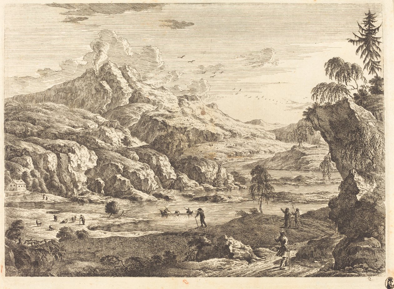 Riverscape montanhoso com figuras de Georg Eisenmann