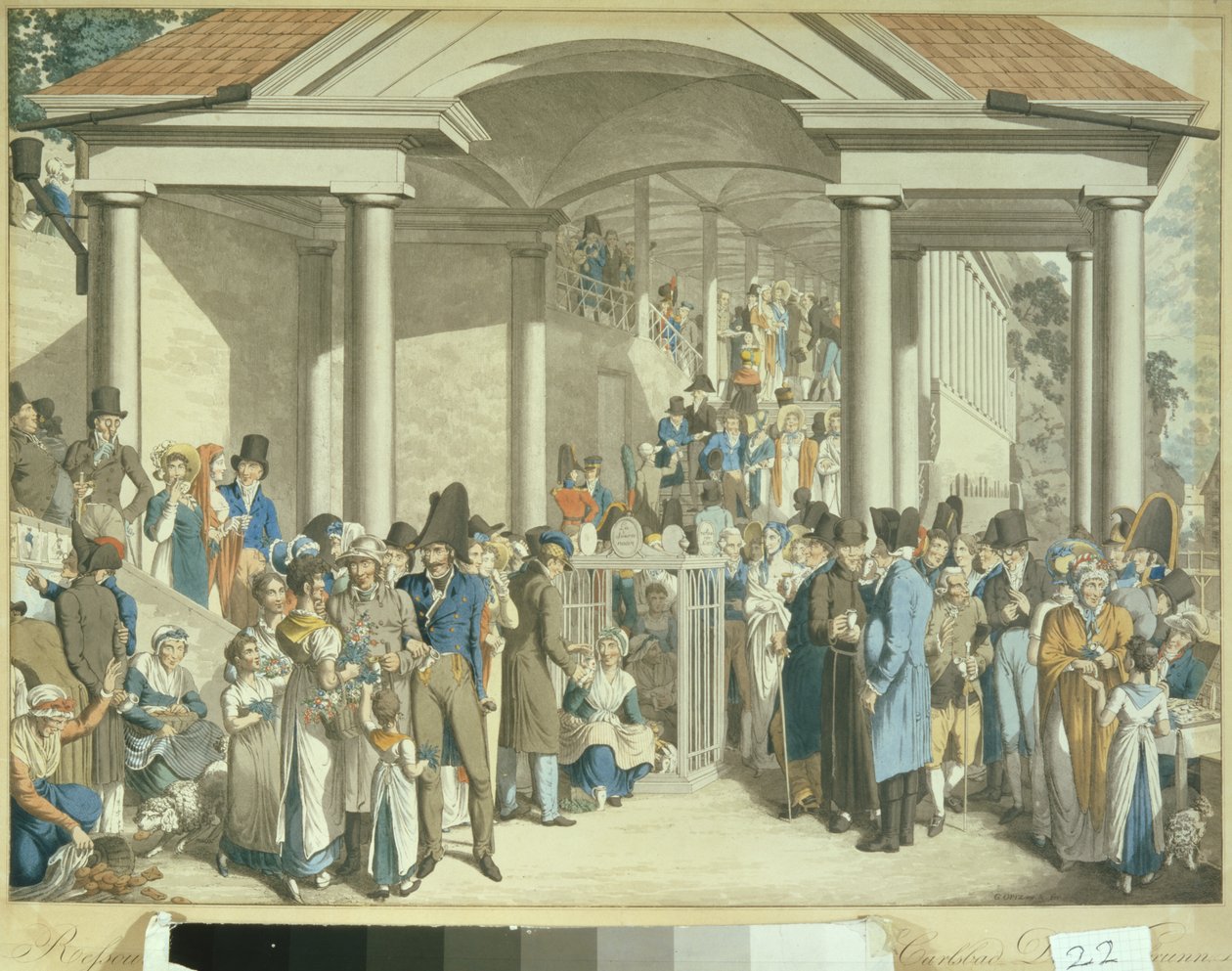 Comunidade de saúde na fonte de Karlsbader, 1810 (desenho aquatint) de Georg Emanuel Opitz