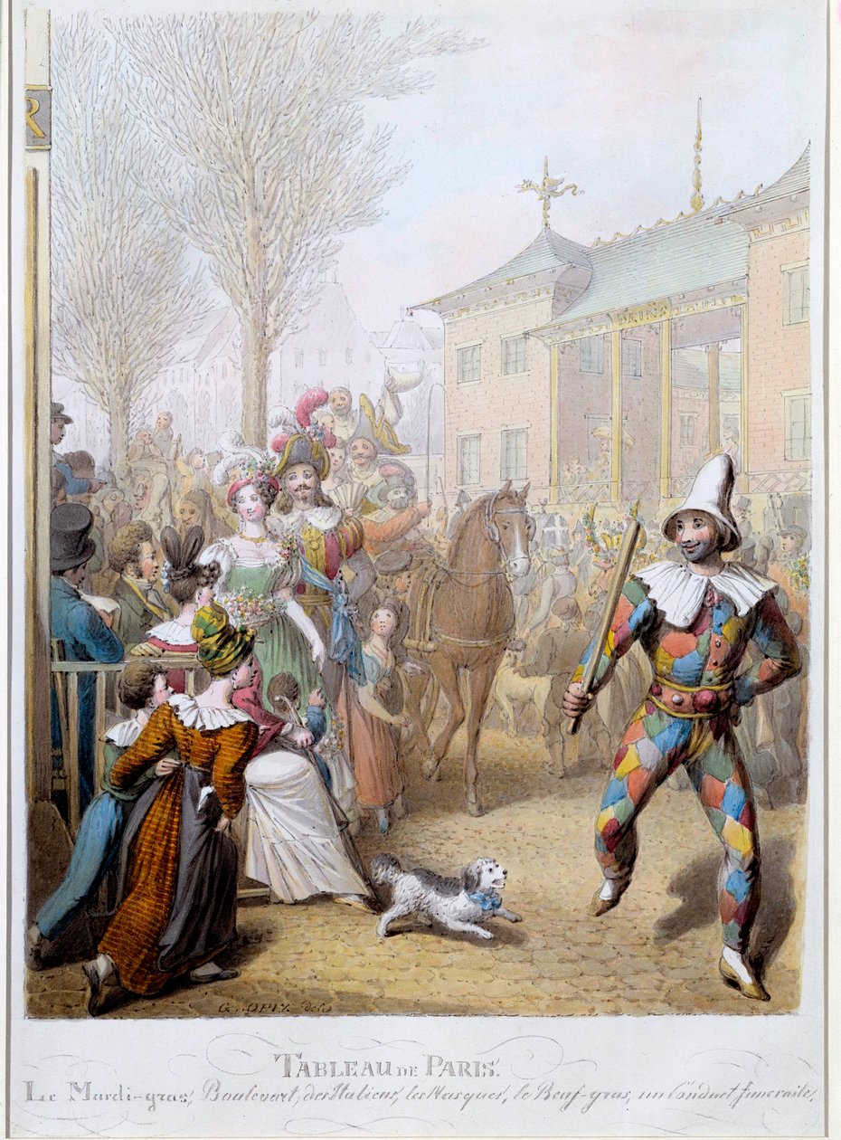 Le Mardi Gras on the Boulevard des Italians in Paris Ilustração de George Emanuel Opitz (1775-1841) Paris do século XIX, Musee Carnavalet de Georg Emanuel Opitz