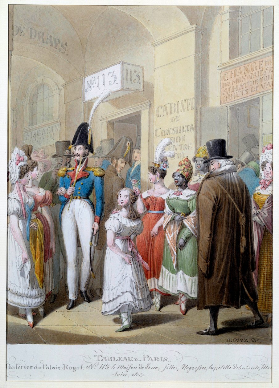 Pintura de Paris: as galerias do Palais Royal em Paris. Os homens passeiam pela passagem coberta para se encontrarem com prostitutas. Ilustração de George Emanuel Opitz (1775-1841) Paris do século XIX, Musee Carnavalet de Georg Emanuel Opitz