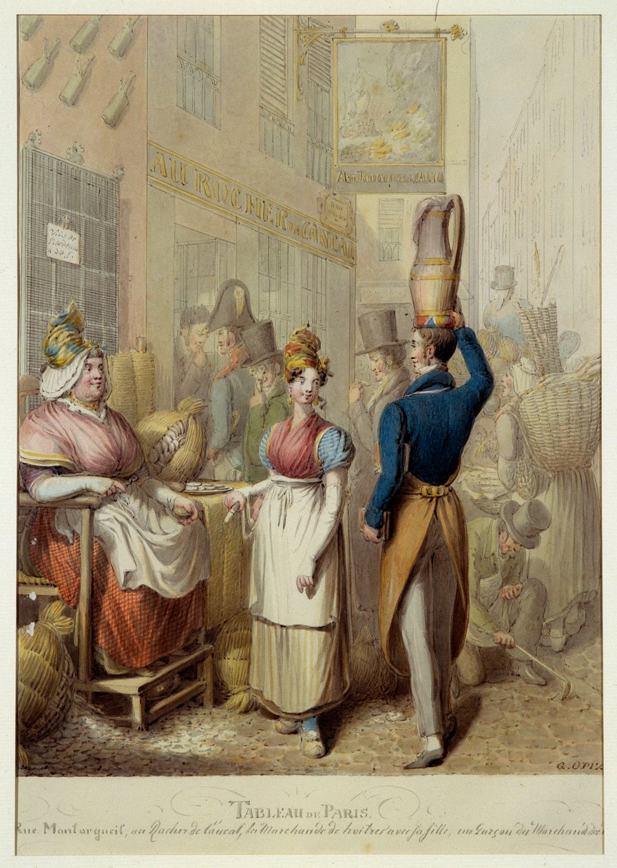 Tableau de Paris: rue de la rue Montorgueil e café restaurante "Le Rocher de Cancale" em Paris. Comerciantes de rua e transeuntes. Litografia do alemão George Emanuel Opitz (1775-1841) de Georg Emanuel Opitz
