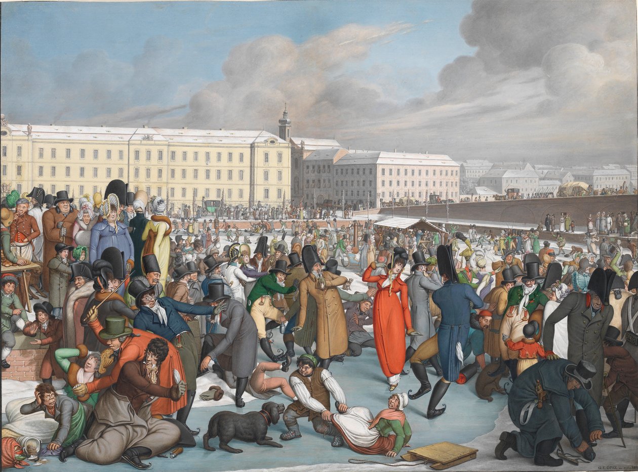 Patinação no gelo no porto congelado do Canal Wiener Neustadt, 1805. de Georg Emanuel Opiz