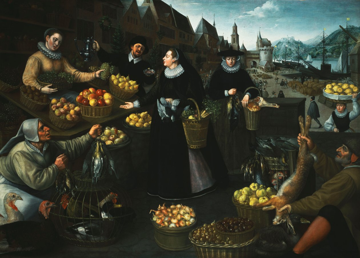Uma alegoria do outono: uma barraca de frutas e legumes acima do Weinmarkt em Frankfurt, de Georg Flegel