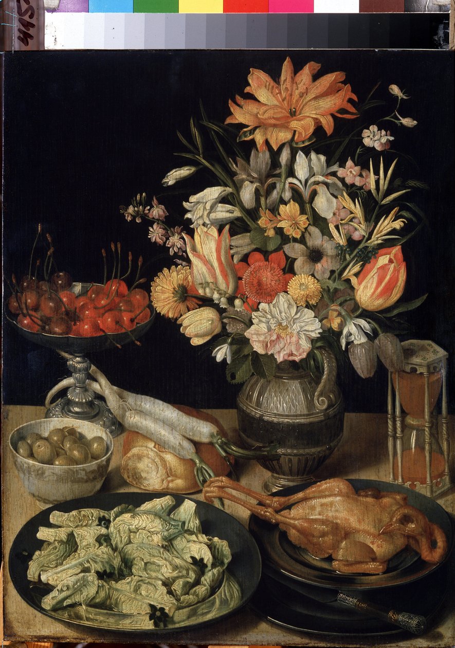 "Natureza morta com flores, galinha, ampulheta, azeitonas, cerejas e couve" Pintura de Georg Flegel (1566-1638) 1630-1635 Dim. 52,5x41 cm Museu Hermitage, São Petersburgo de Georg Flegel
