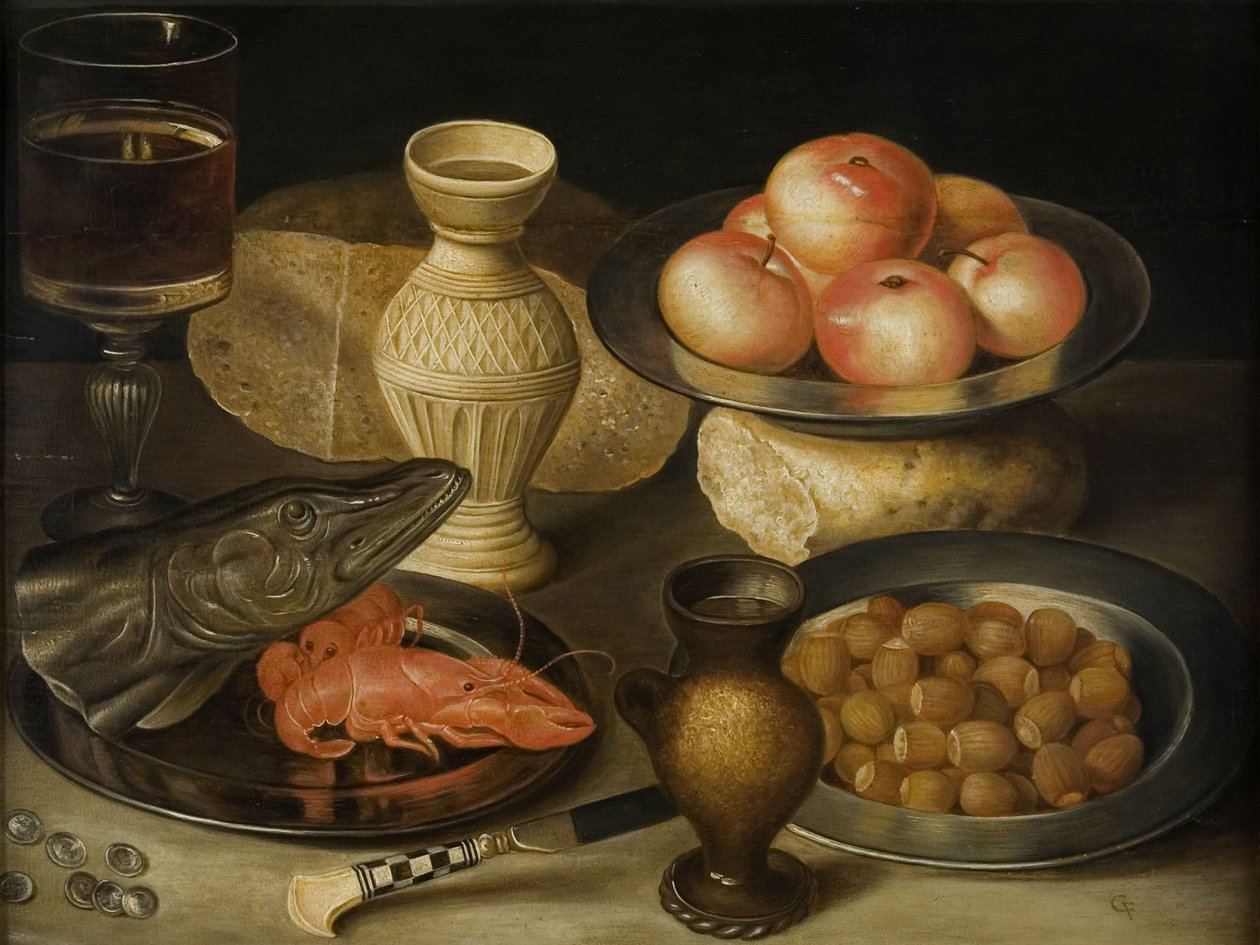 Natureza morta com jarro de grés Siegburg, copo, faca, dois pães, início do século XVII .. de Georg Flegel