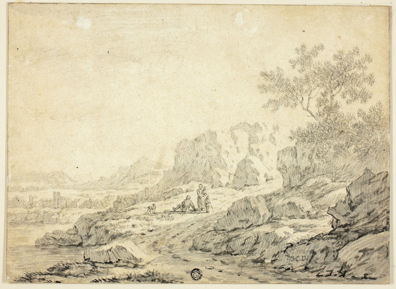 Paisagem rochosa com figuras e cão no caminho de Georg Friedrich Dietzsch