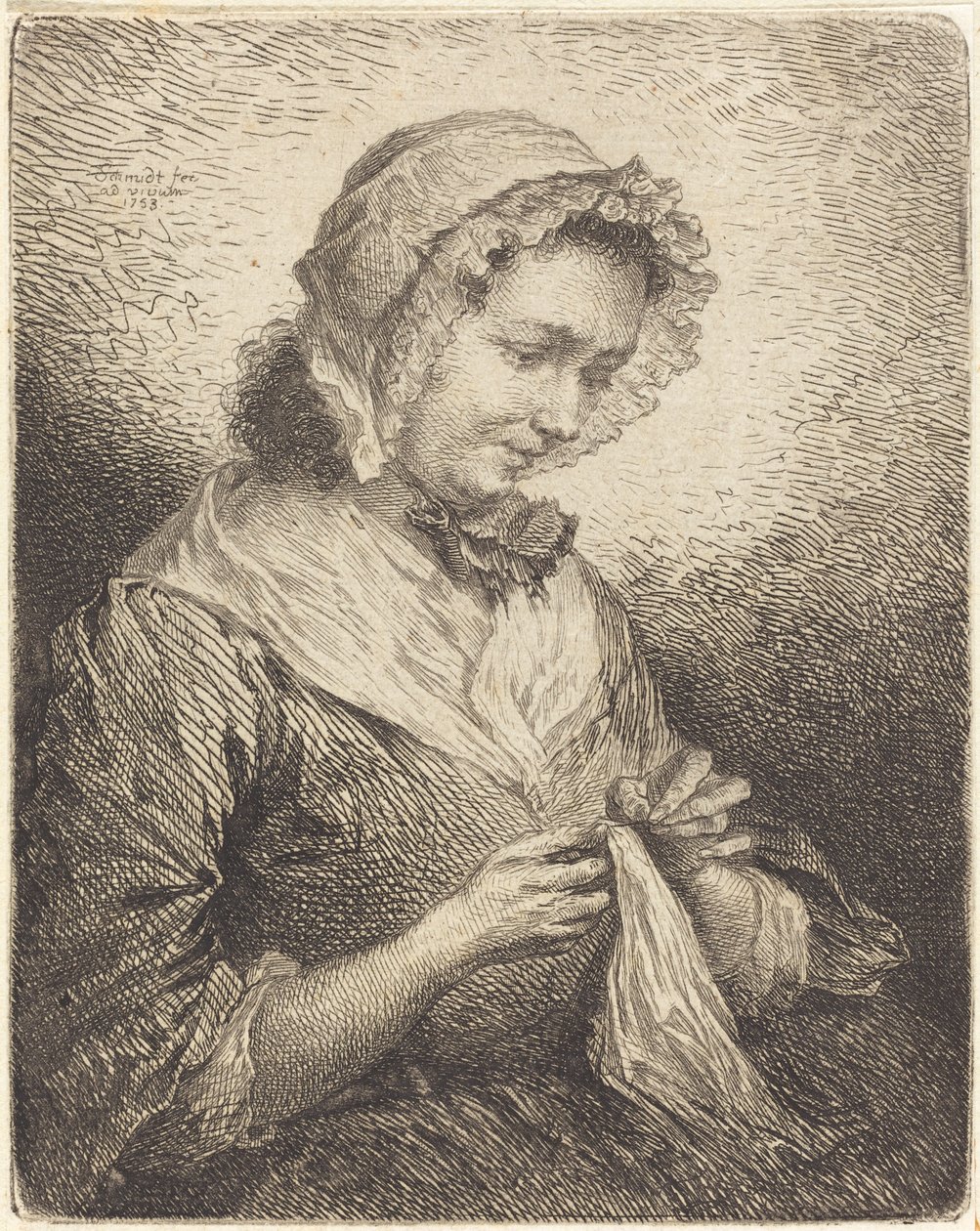 A mulher do artista costurando de Georg Friedrich Schmidt