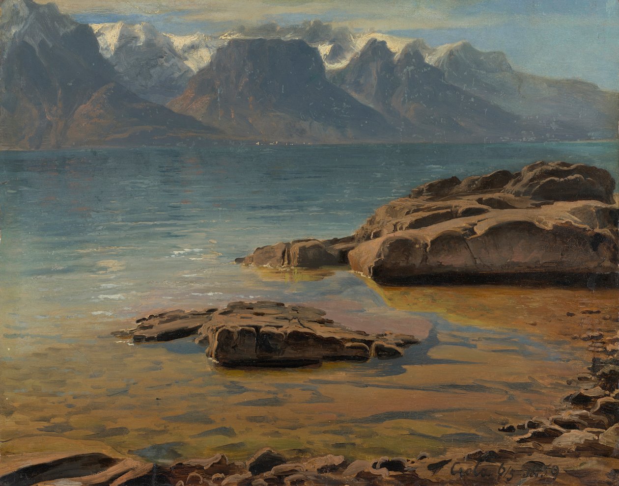 Lago de Genebra perto de Vevey contra Evian de Georg Heinrich Crola