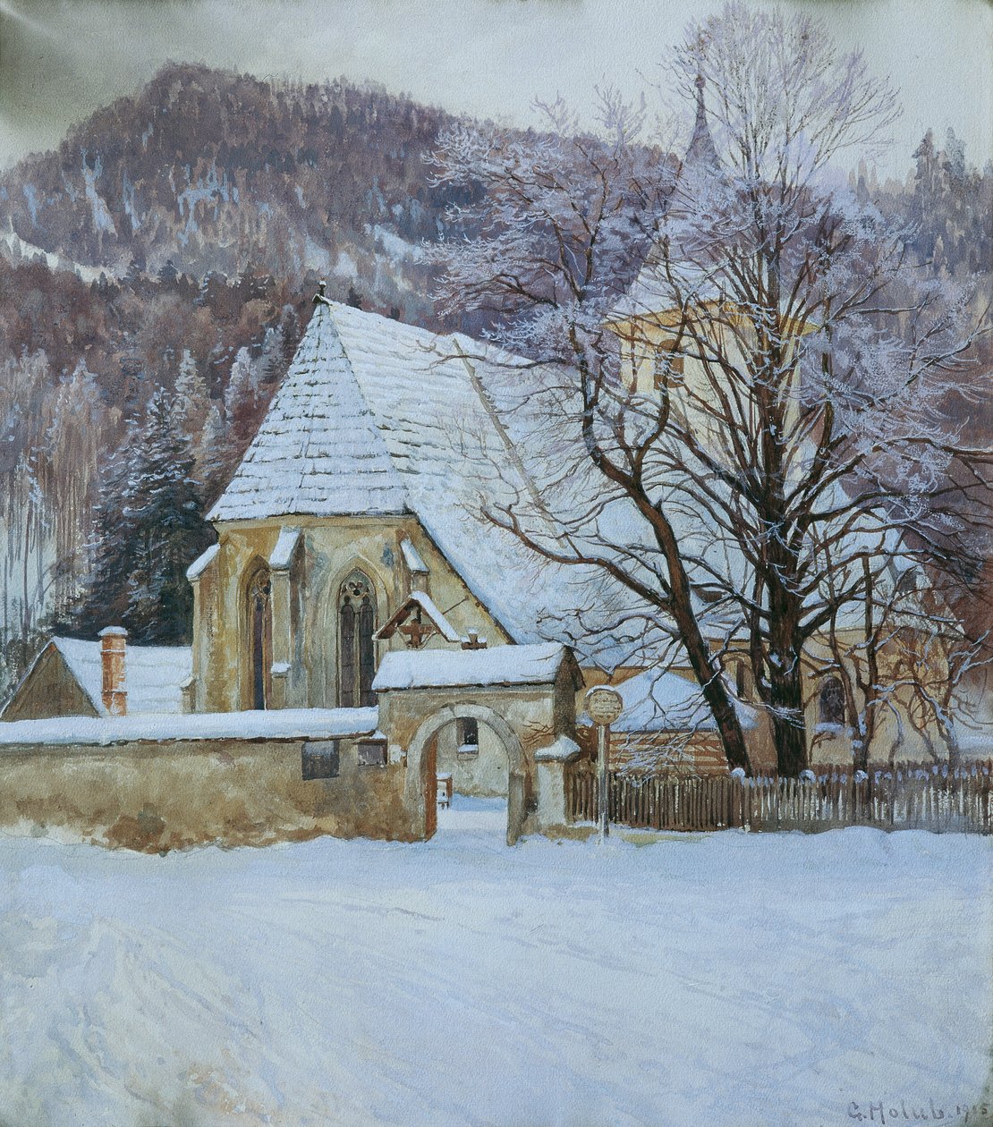 Inverno em Rosenthal perto de Kapellen (Styria) com uma antiga igreja gótica de Georg Holub