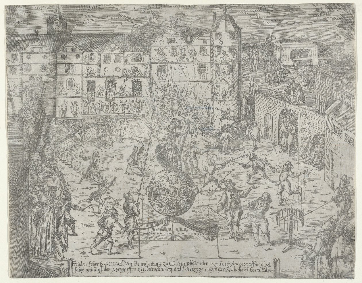 Fogos de artifício em 23 de junho de 1595, para a entrada de Küstrin do Margrave de Brandenburg e Du..., 1595. de Georg Keller