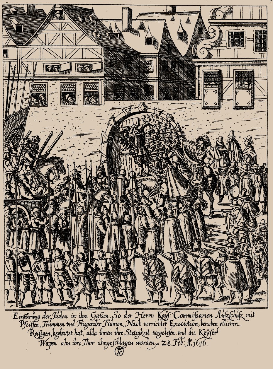 A Ascensão de Fettmilch. Reintrodução dos judeus em Frankfurt em 28 de fevereiro de 1616, c. 1616-1617. de Georg Keller