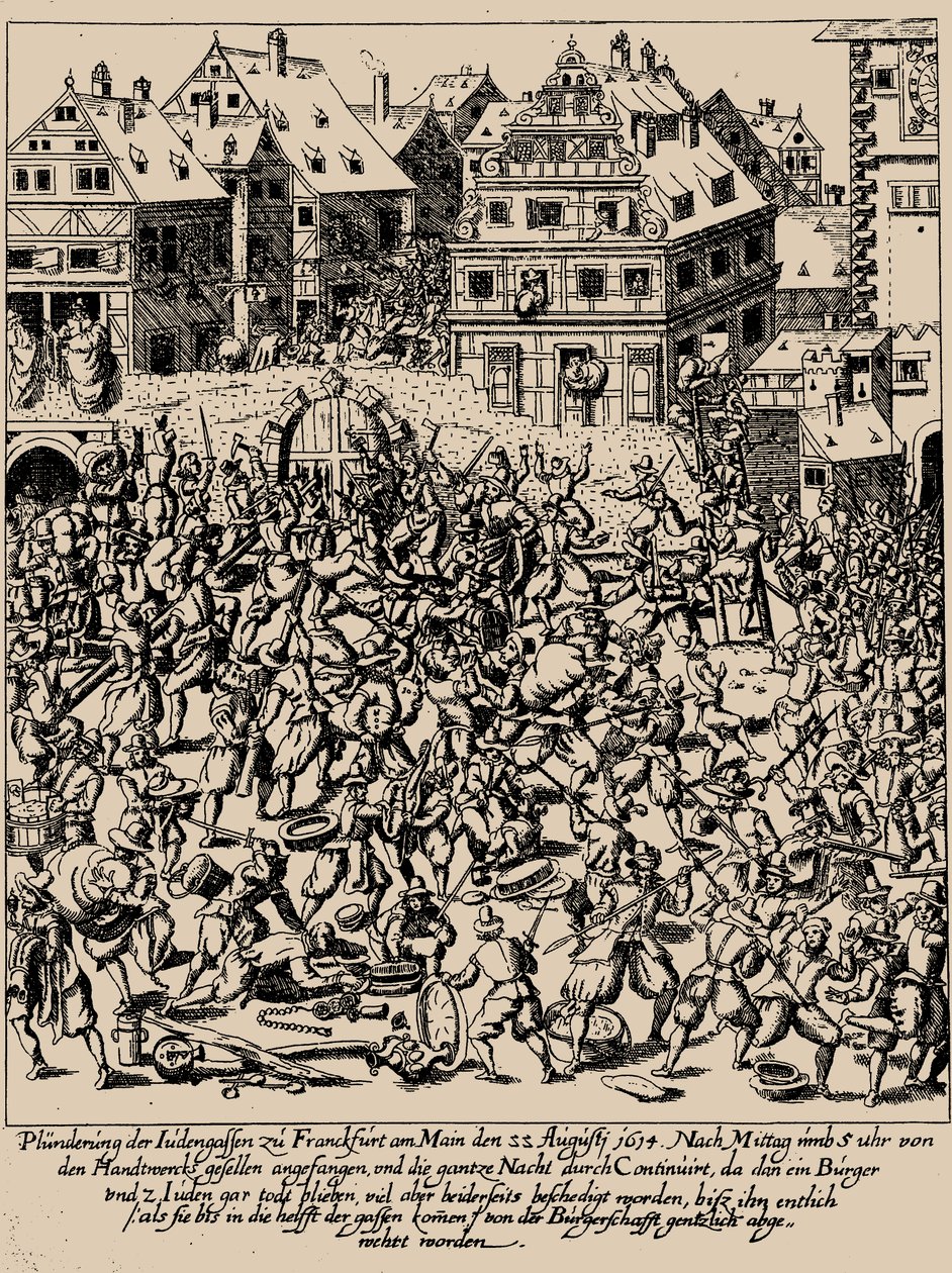 A Ascensão de Fettmilch. A pilhagem da Judengasse em Frankfurt em 22 de agosto de 1614, c. 1616-1617 de Georg Keller