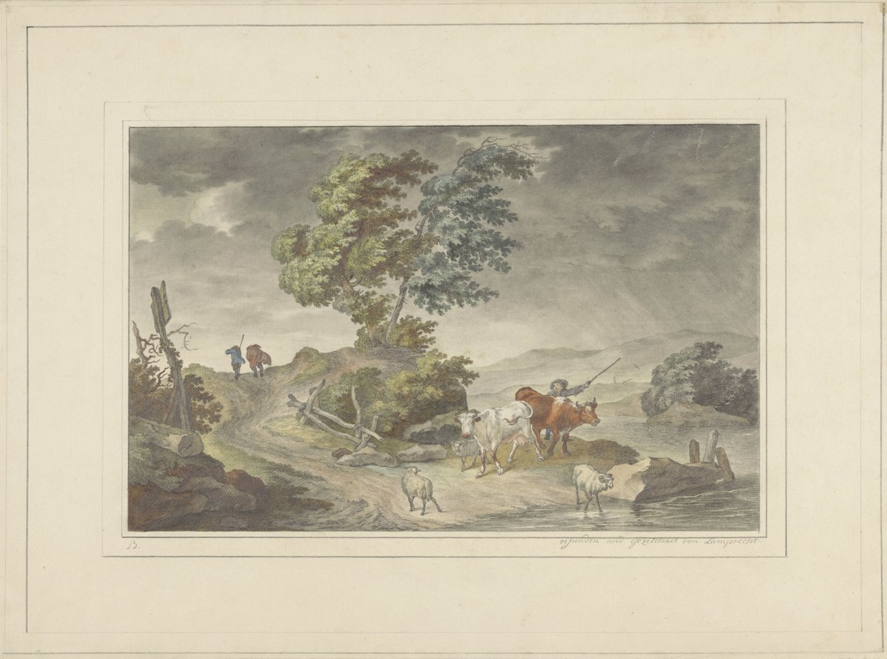 Paisagem montanhosa com pastores e caminhantes em céus ameaçadores de Georg Lamprecht (possibly)