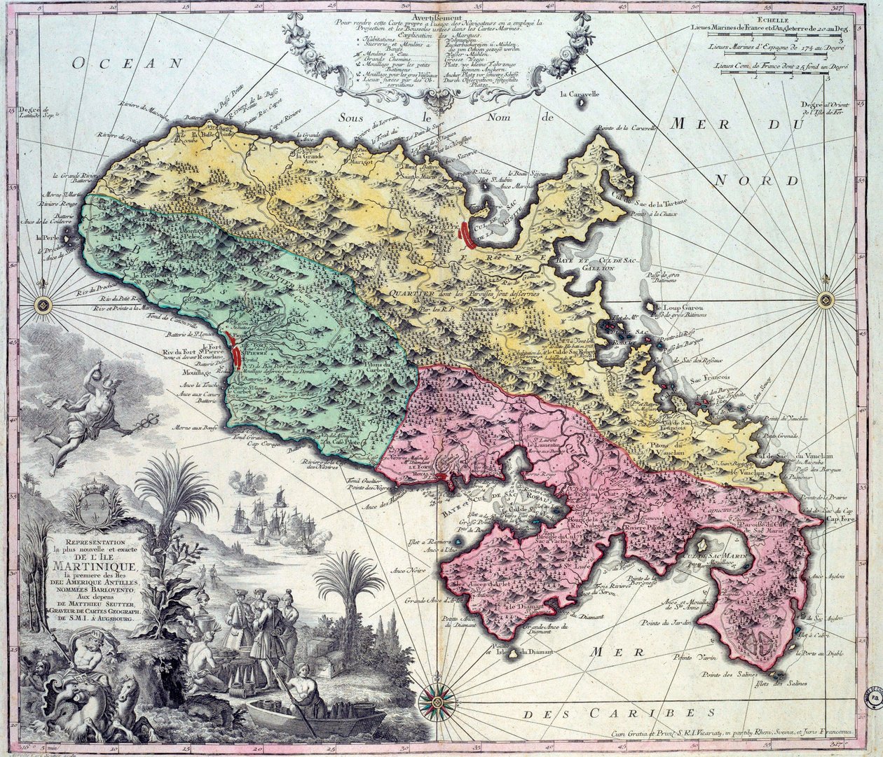 Mapa detalhado da ilha da Martinica nas Índias Ocidentais. Gravura de Matthew Seutter (1678-1757) Chartres do século XVIII, Musee des Beaux Arts de Georg Matthäus Seutter