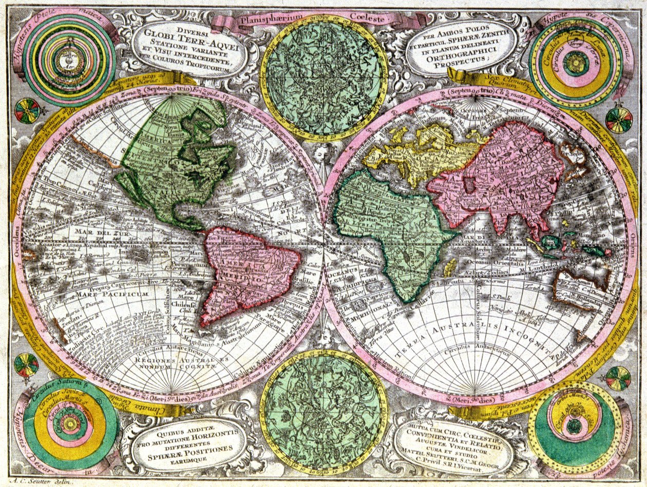 Mapa do mundo e planisfério celeste de Georg Matthäus Seutter