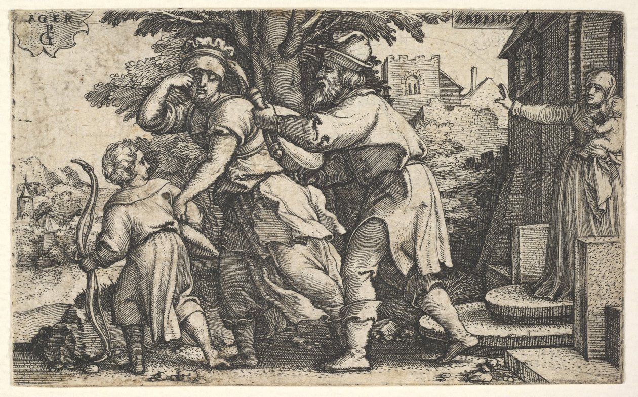 Abraão enviando Hagar e Ismael: Abraão estende um vaso como Hagar e Ishm ..., ca. 1543 de Georg Pencz