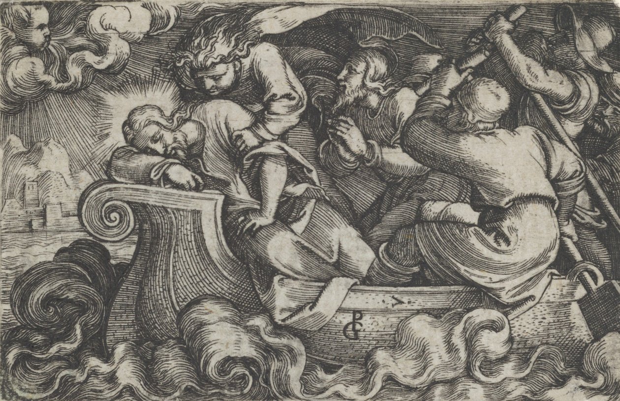 Cristo dormindo durante a tempestade no Lago Tiberíades, de A História de Cristo, 1534-35. de Georg Pencz