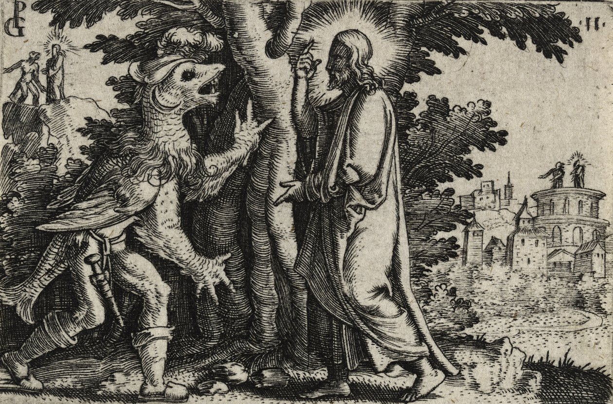 Cristo tentado pelo diabo no deserto (gravura em papel) de Georg Pencz