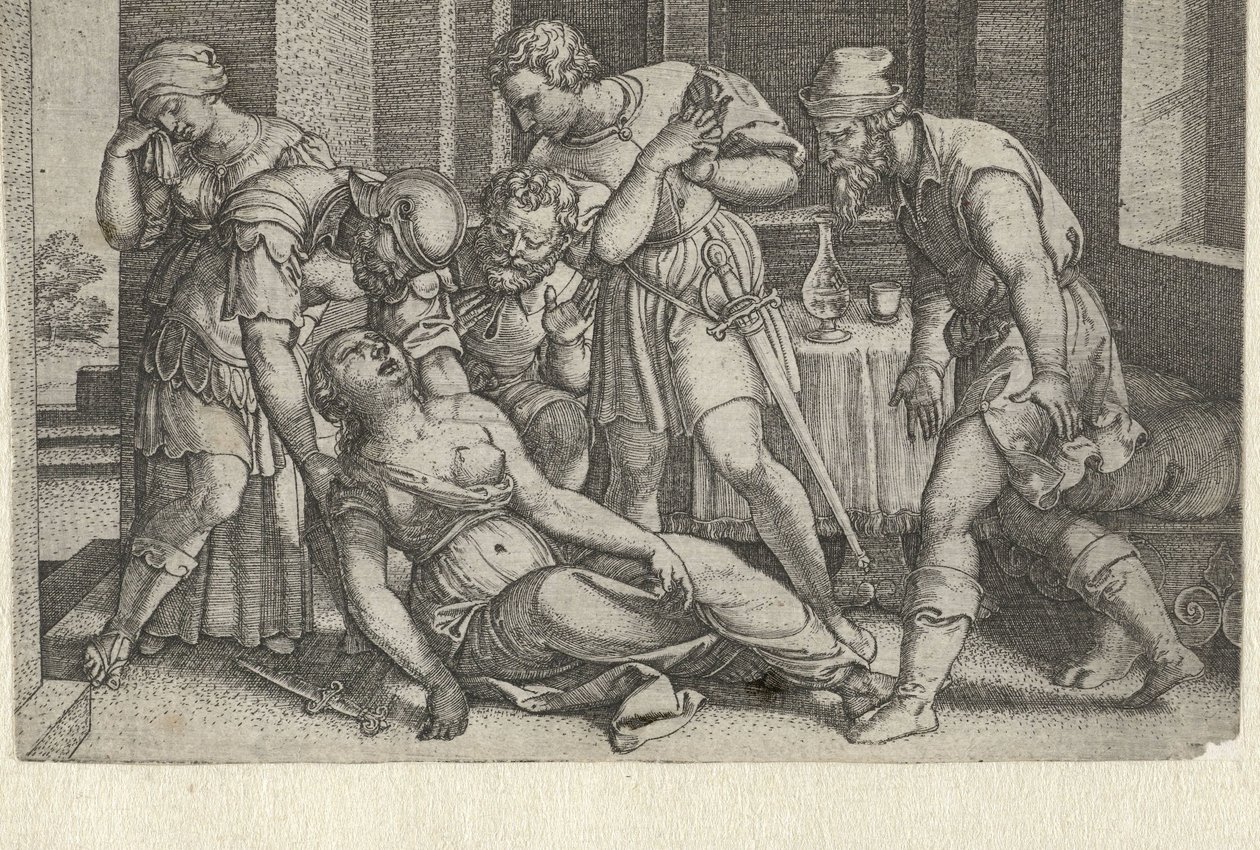 Collatinus e Brutus na moribunda Lucretia Histórias da História Romana Antiga (título da série) de Georg Pencz