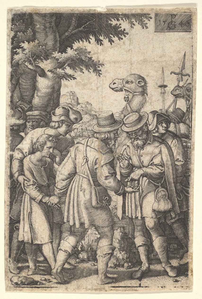 Joseph vendeu aos comerciantes: um homem barbudo que agarra Joseph com a mão esquerda recebe co ..., 1546. de Georg Pencz