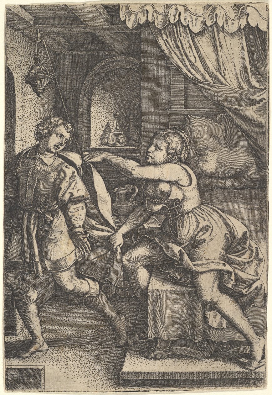 Joseph se afasta da esposa de Potifar, que aperta a capa com as duas mãos enquanto ela ... 1546. de Georg Pencz
