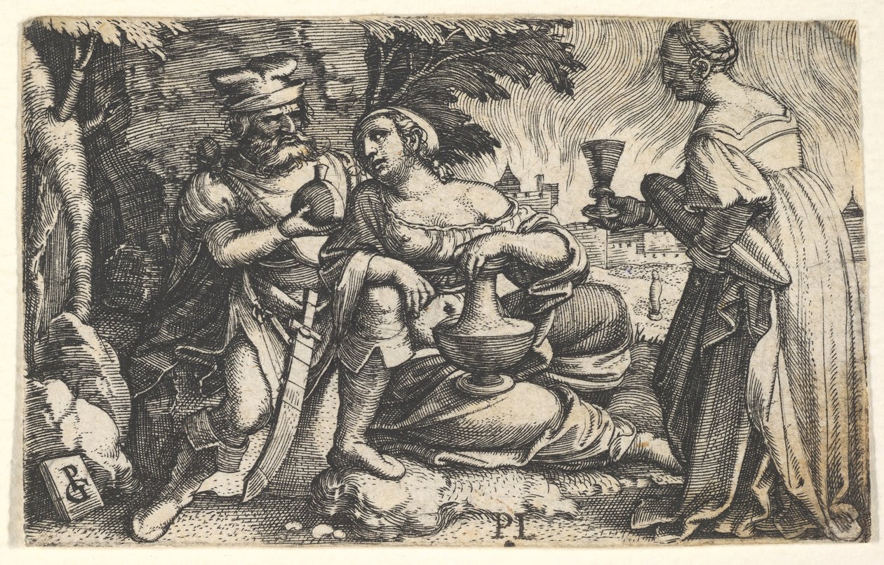 Ló e suas filhas: uma filha no centro repousa o braço direito sobre o joelho de Lots e uma ve ..., ca. 1531 de Georg Pencz