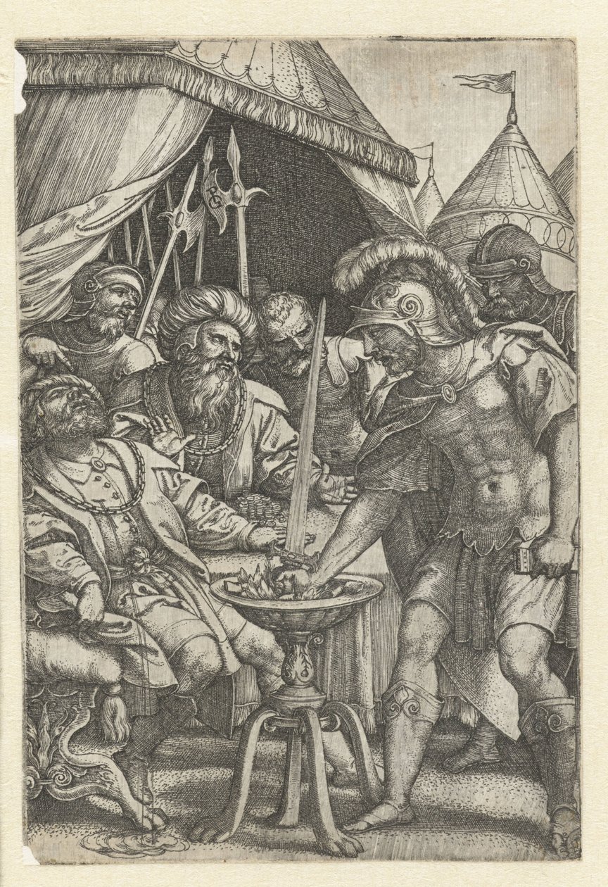 Mucius Scaevola põe a mão direita ao fogo
Heróis romanos (título da série) de Georg Pencz