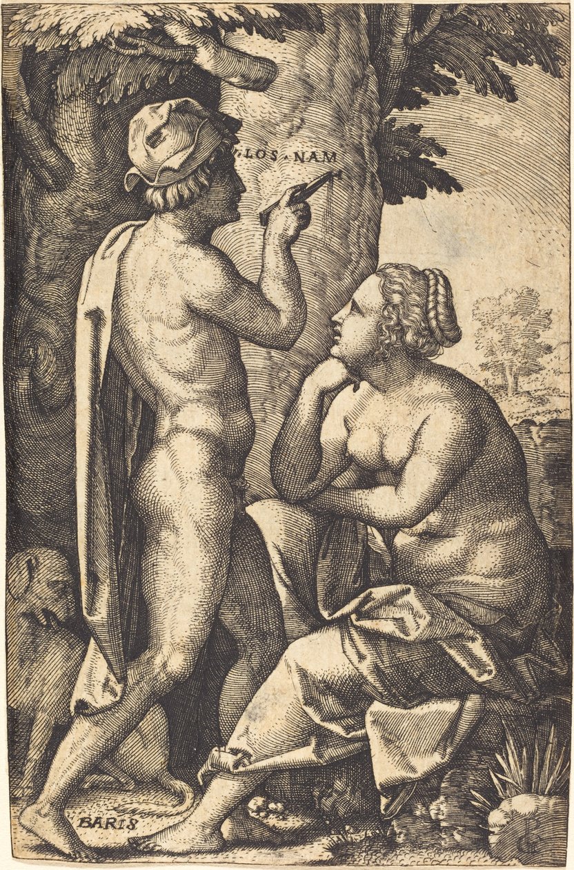 Paris escrevendo palavras de amor para Enone de Georg Pencz