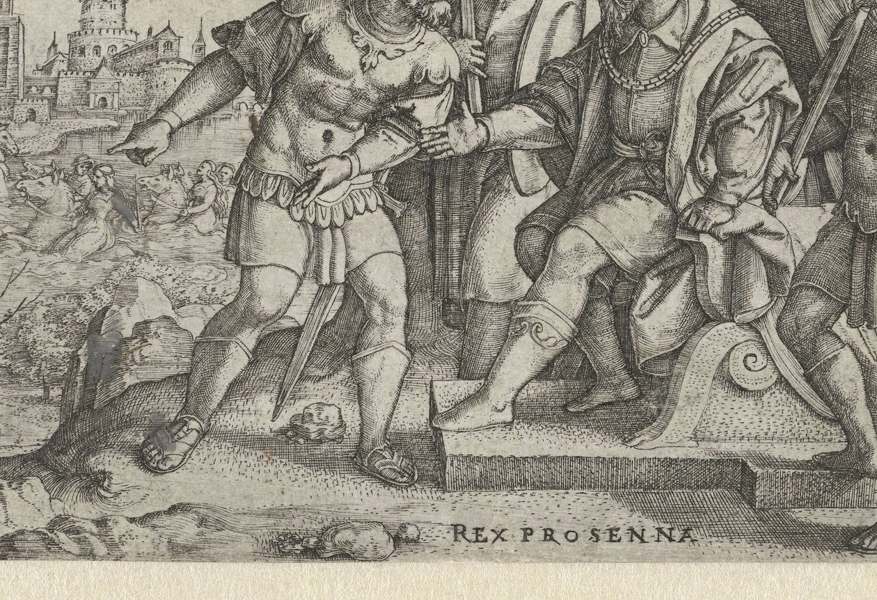 Porsenna ouve dizer que Cloelia escapou
Rex Prosenna Cloelia (título sobre o objecto)
Contos do início da história romana (título da série) de Georg Pencz
