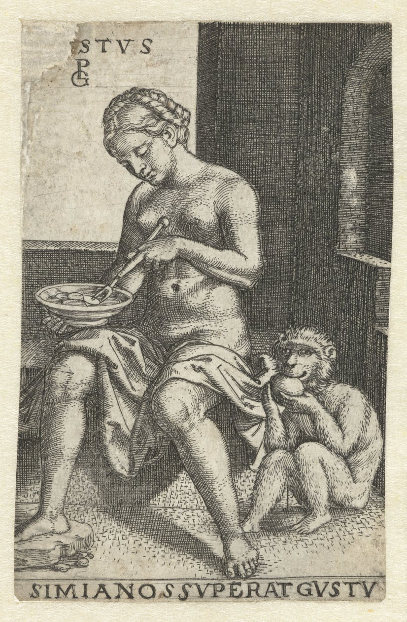 Gosto (Gustus)
Gvstvs simia nos svperat gvstv (título sobre o objecto)
Cinco Sentidos (título da série) de Georg Pencz