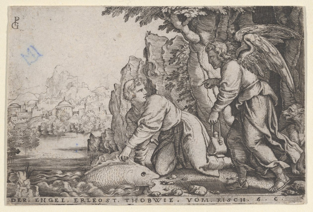 Tobiolus pega o peixe, de A história de Tobias, 1543. de Georg Pencz