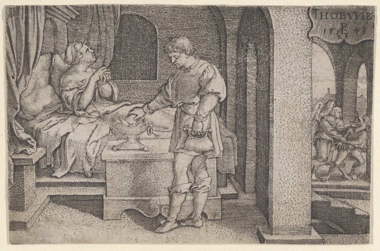Tobiolus faz um sacrifício propiciatório, de A história de Tobias, 1543. de Georg Pencz
