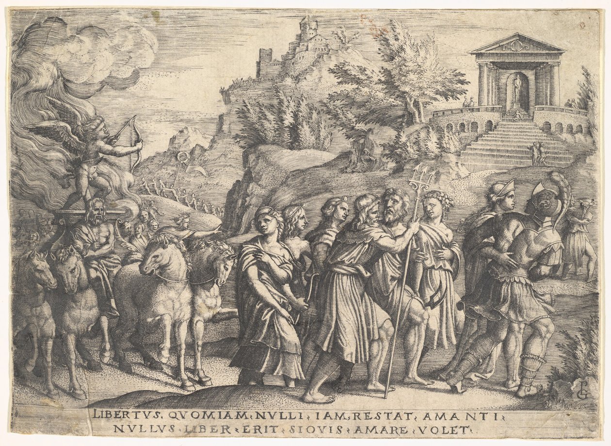 Triunfo do Amor: quatro cavalos puxam uma carruagem com Cupido de pé sobre uma platina fumegante ..., ca. 1539 de Georg Pencz