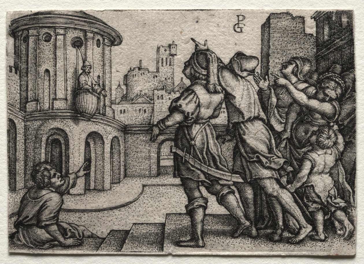 Virgil pendurado em uma cesta de Georg Pencz