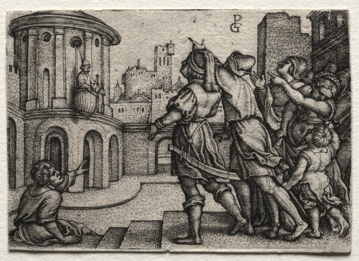 Virgílio pendurado em uma cesta, c.1541-42. de Georg Pencz