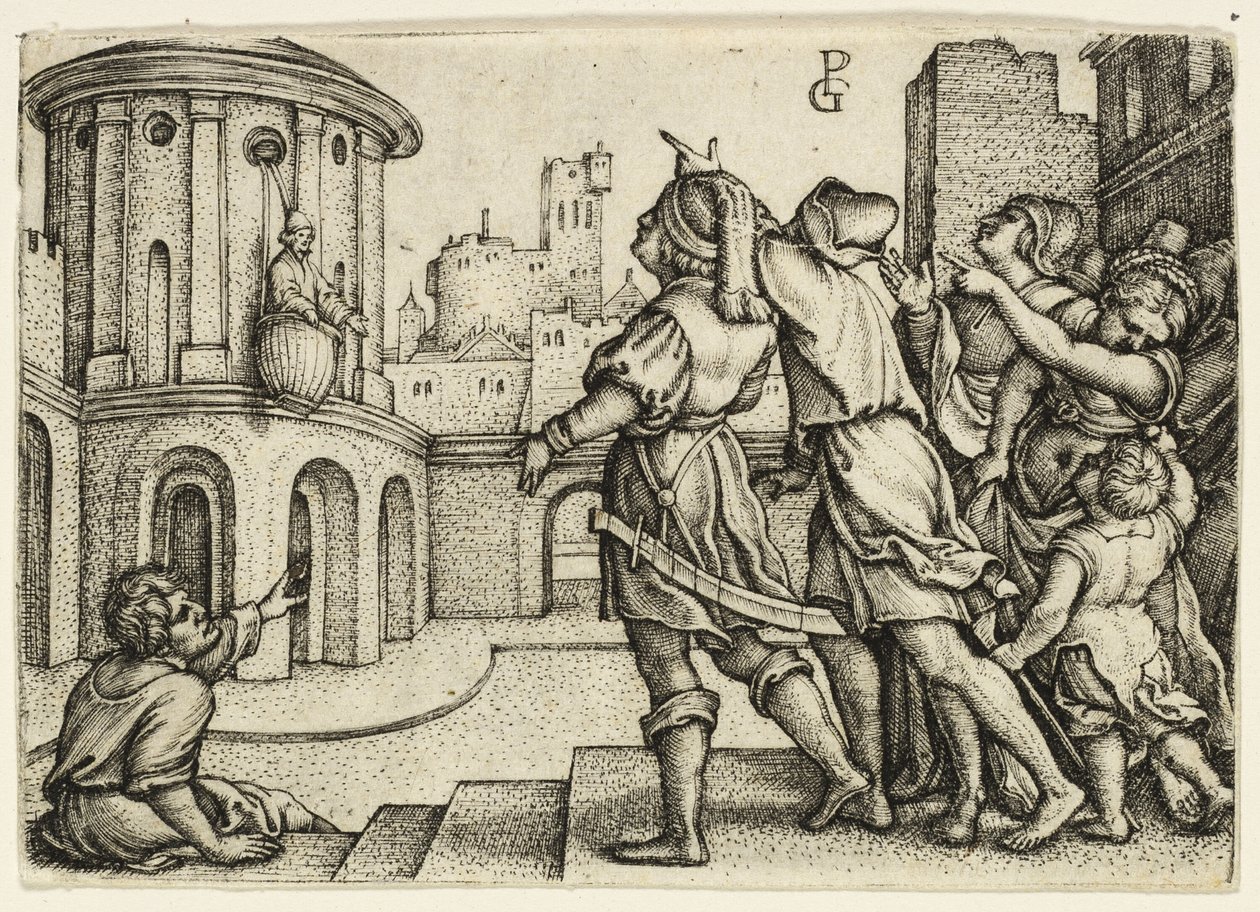 Virgil, o mago pendurado na cesta de Georg Pencz