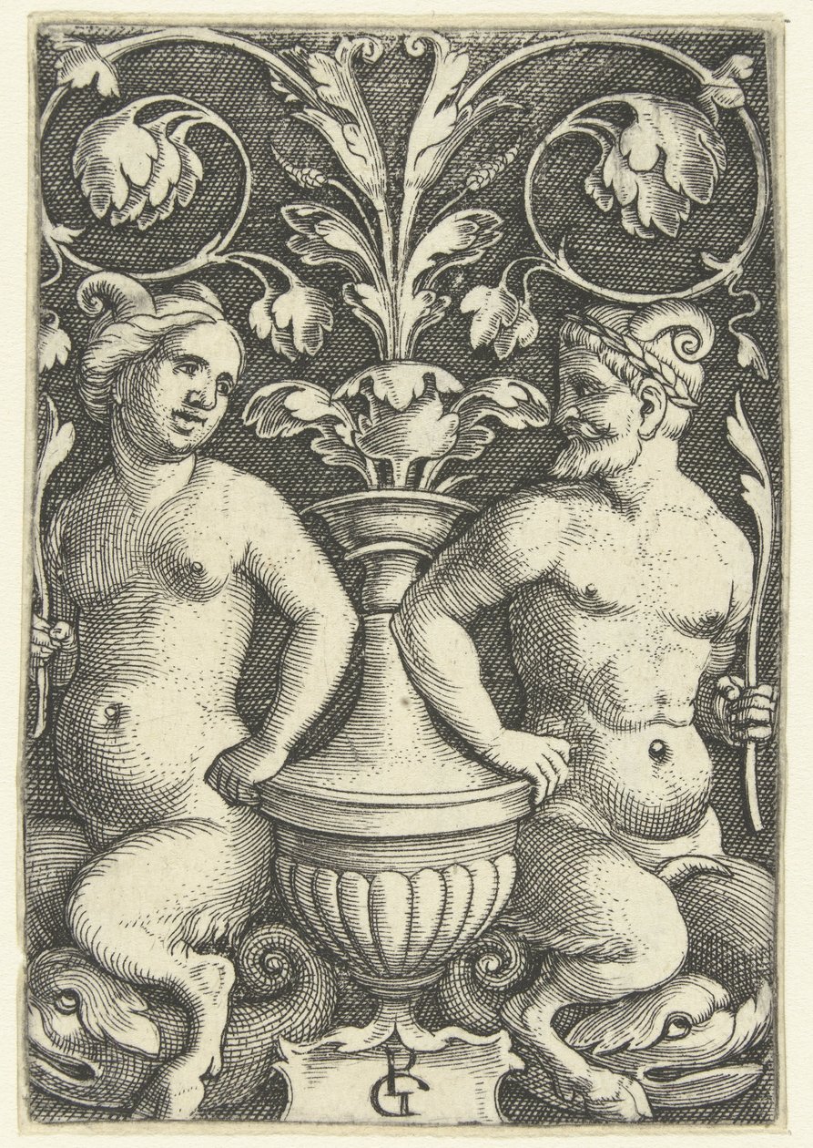 Sátira fêmea e macho
Decorações planas com grotescos e pergaminhos foliares (título da série) de Georg Pencz