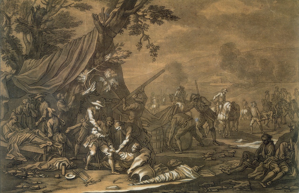 Cirurgião militar do campo de batalha durante a Guerra Espanhola de Sucessão, 1707, gravada por Christian Rugendas (1708-81), c.1740 de Georg Philipp I Rugendas